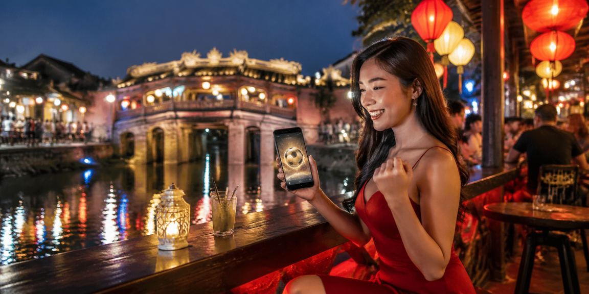 Người xem bóng đá đêm tại chợ đêm Hội An vừa theo dõi game trên điện thoại
