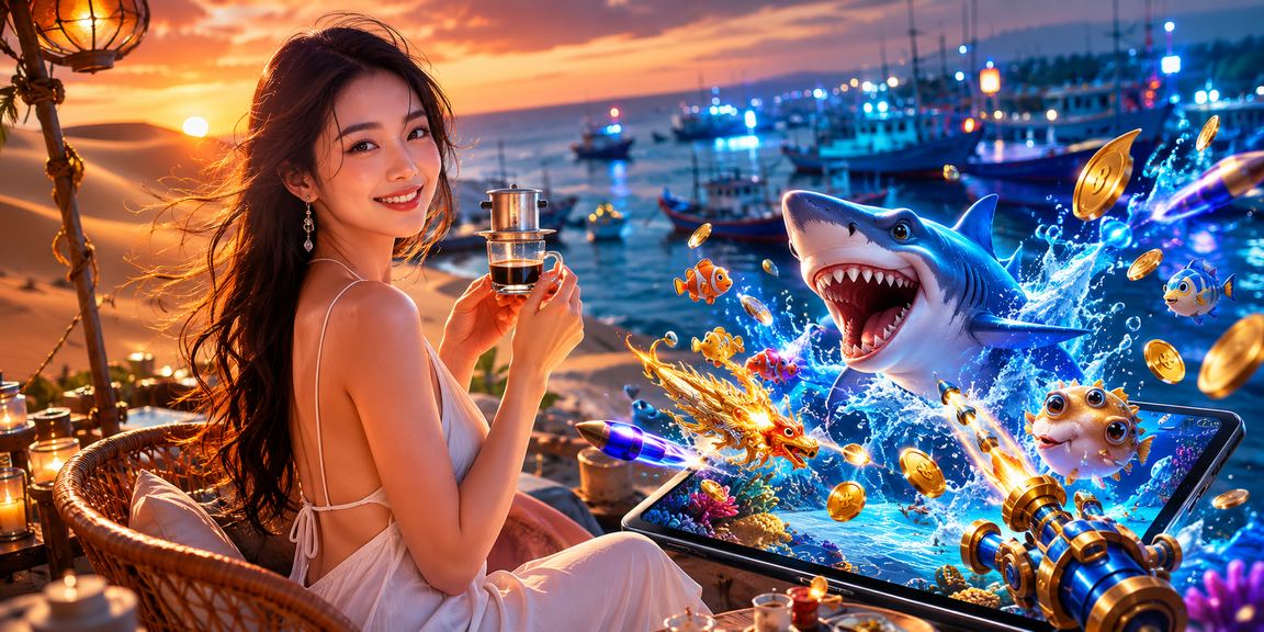 Người chơi thưởng thức game bắn cá tại Mũi Né bên ly cà phê
