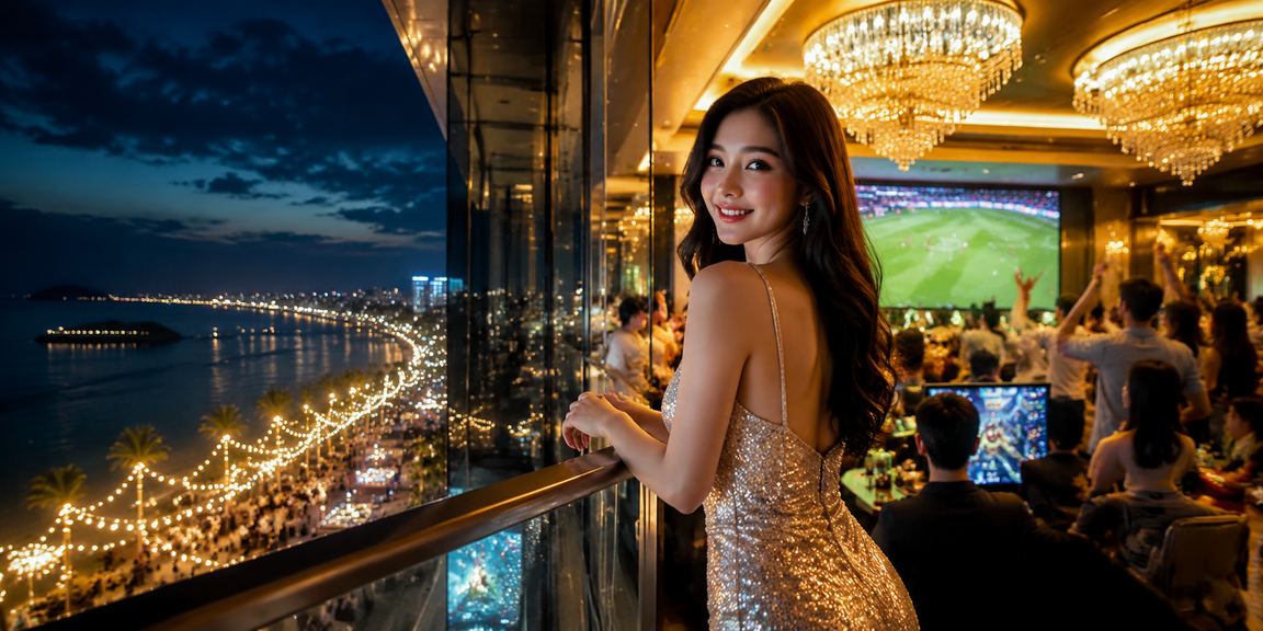 Người dùng đặt cược Esports tại bãi biển Phú Quốc với điện thoại và nắng chiều